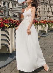 White Spaghetti Strap V Neck Backless High Waist Maxi Dress