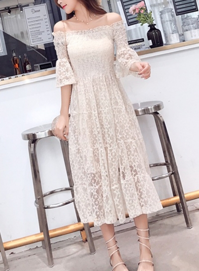 Fashion Lace Off The Shoulder Flare Sleeve High Waist Solid Bubble Dress