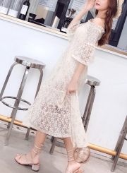 Fashion Lace Off The Shoulder Flare Sleeve High Waist Solid Bubble Dress