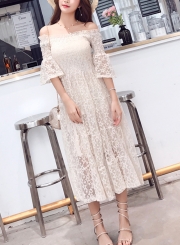 Fashion Lace Off The Shoulder Flare Sleeve High Waist Solid Bubble Dress