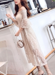 Fashion Lace Off The Shoulder Flare Sleeve High Waist Solid Bubble Dress