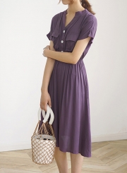 Summer Casual Short Sleeve V Neck Front Buttons Pockets High Waist Dress