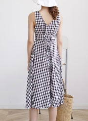 Summer Plaid Sleeveless V Neck High Waist Back Lace-Up Chiffon Dress