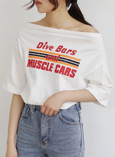 Summer Casual Loose Letters Printed Slash Neck Half Sleeve Tee zecalaba.com