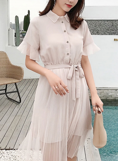 Fashion Mesh Short Sleeve Turn-Down Collar Front Buttons Waist Tie Dress YOYOTSHOP.com