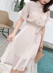 Fashion Mesh Short Sleeve Turn-Down Collar Front Buttons Waist Tie Dress