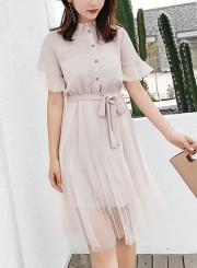 Fashion Mesh Short Sleeve Turn-Down Collar Front Buttons Waist Tie Dress