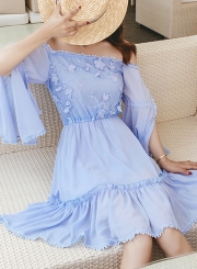 Fashion Sexy Off The Shoulder Lace-Up Elastic Waist Ruffle Hem Dress