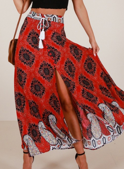 Boho Beach Printed High Waist Slit A-line Long Skirt With Drawstring zecalaba.com