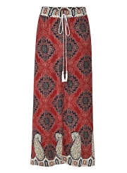 Boho Beach Printed High Waist Slit A-line Long Skirt With Drawstring