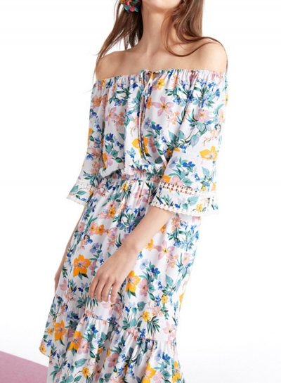 Summer Floral Printed Round Neck Half Sleeve High Waist Lace-Up Dress