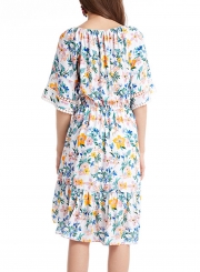 Summer Floral Printed Round Neck Half Sleeve High Waist Lace-Up Dress