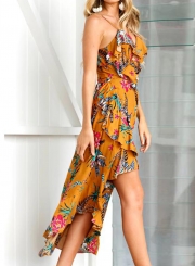 V Neck Spaghetti Strap Waist Tie Floral Print High Low Dress