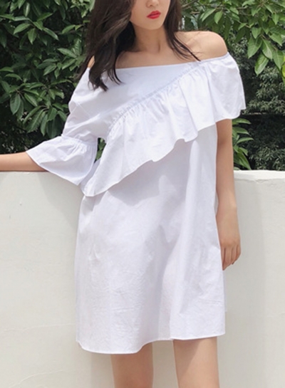 Summer Sexy One Off Shoulder Ruffle Trim Short Sleeve Loose Solid Dress YOYOTSHOP.com