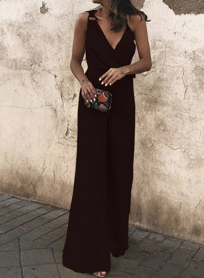 Fashion Sexy Asymmetric Spaghetti Strap V Neck Wide Leg Solid Jumpsuit zecalaba.com