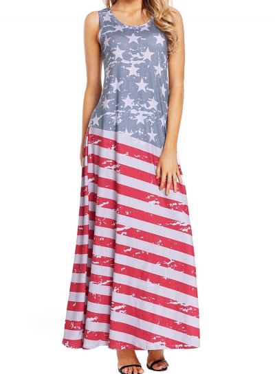 Casual American Flag Print Sleeveless Round Neck Maxi Dress