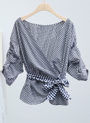 Fashion Casual Plaid V Neck Long Sleeve Wrap Lace-Up Women Blouse