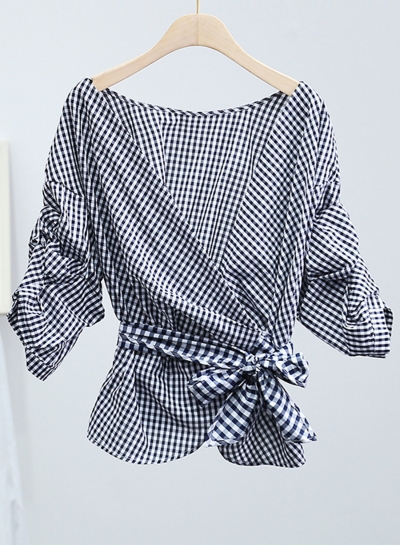 Fashion Casual Plaid V Neck Long Sleeve Wrap Lace-Up Women Blouse zecalaba.com