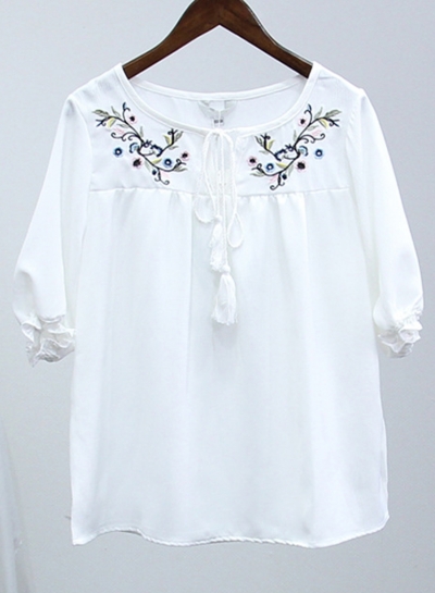 Summer Casual Loose Embroidered Half Sleeve Round Neck Blouse zecalaba.com