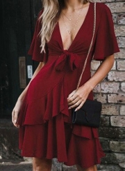 Summer Sexy V Neck Front Knot Half Sleeve Elastic Waist Solid  Dress