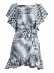 Fashion Casual Flounce Sleeve Square Neck Waist Tie Ruffle Plaid Dress