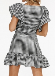 Fashion Casual Flounce Sleeve Square Neck Waist Tie Ruffle Plaid Dress