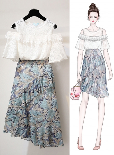 2 Piece Lace Off The Shoulder Round Neck Top Floral Irregular Skirt zecalaba.com