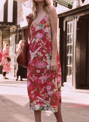 Fashion Sexy Floral Printed Spaghetti Strap Sleeveless V Neck Loose Dress