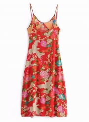 Fashion Sexy Floral Printed Spaghetti Strap Sleeveless V Neck Loose Dress