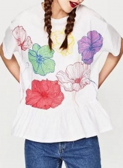 Summer Casual Flounce Printed Short Sleeve Round Neck LooseTee