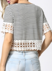 Summer Loose Striped Short Sleeve Round Neck Lace Hollow Out Crop Top