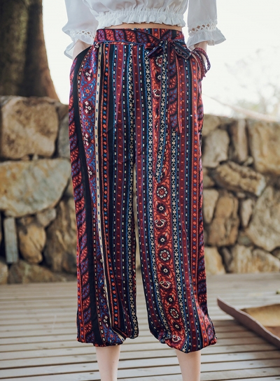 Fashion Beach Boho Vintage Waist Lace-Up Loose Lantern Pants zecalaba.com