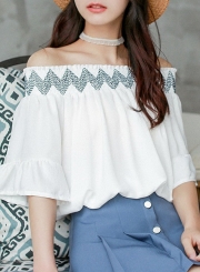 Summer Fashion Embroidered Off Shoulder Flare Sleeve Loose Blouse