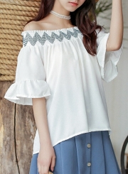 Summer Fashion Embroidered Off Shoulder Flare Sleeve Loose Blouse