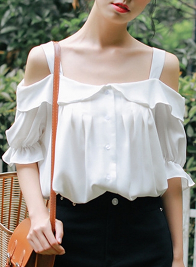 Summer Loose Off The Shoulder Short Sleeve Loose Button Down Shirt zecalaba.com