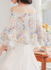 Summer Sexy Floral Printed Off The Shoulder Flare Sleeve Loose Blouse