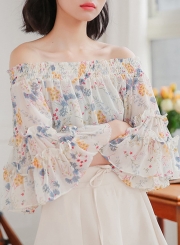 Summer Sexy Floral Printed Off The Shoulder Flare Sleeve Loose Blouse