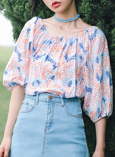 Summer Sweet Floral Printed Off The Shoulder Lantern Sleeve Loose Blouse zecalaba.com