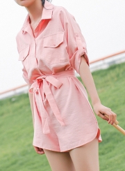 Summer Casual Turn-Down Collar Front Buttons Waist Tie Wide Leg Romper