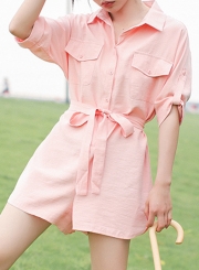 Summer Casual Turn-Down Collar Front Buttons Waist Tie Wide Leg Romper