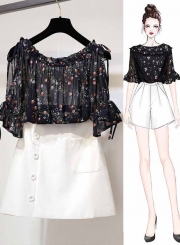 Fashion 2 Piece Floral Off The Shoulder Top Buttons Pocket A-line Skirt