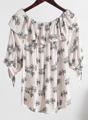 Fashion Floral Off The Shoulder Short Sleeve Ruffle Neckline Loose Blouse