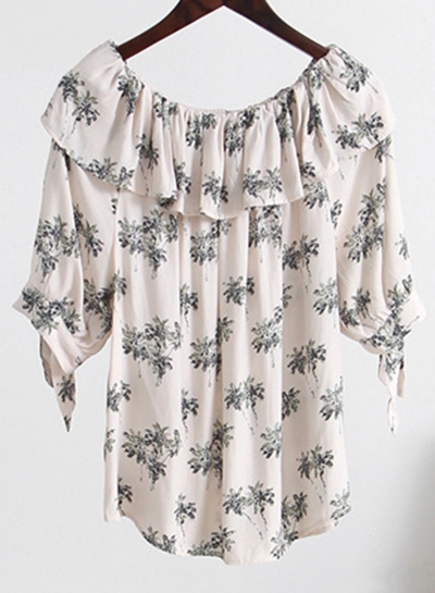 Fashion Floral Off The Shoulder Short Sleeve Ruffle Neckline Loose Blouse zecalaba.com