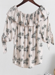 Fashion Floral Off The Shoulder Short Sleeve Ruffle Neckline Loose Blouse