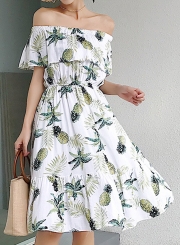 Summer Sweet Off The Shoulder Pineapple Print Elastic Waist A-line Dress