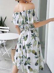 Summer Sweet Off The Shoulder Pineapple Print Elastic Waist A-line Dress