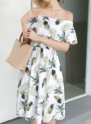 Summer Sweet Off The Shoulder Pineapple Print Elastic Waist A-line Dress