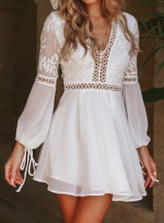 Fashion Long Sleeve V Neck Hollow Out High Waist A-line Mini Dress