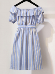 Summer Striped Off The Shoulder Short Sleeve High Waist A-line Dress