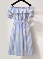 Summer Striped Off The Shoulder Short Sleeve High Waist A-line Dress